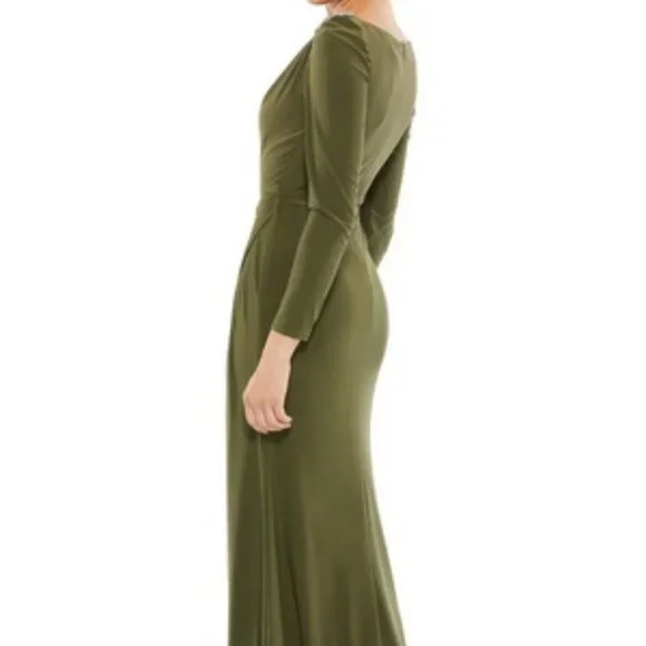 Mac Duggal Olive Green Embellished Long Sleeve Jersey Gown